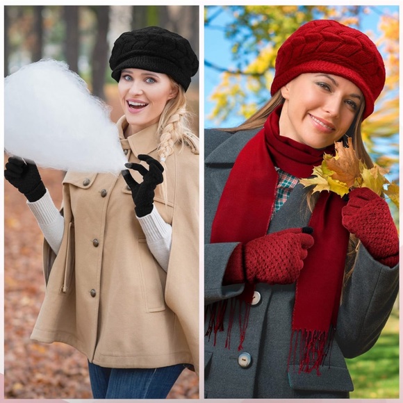Women Winter Warm Knit Hat Scarf cap and Glove Wine Red - Picture 3 of 7